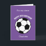 Purple soccer Sport 15th Birthday Card<br><div class="desc">A purple personalised soccer 15th birthday card for niece, daughter, granddaughter, etc. You will be able to easily personalise the front of this soccer sport birthday card with the birthday recipient's name. The inside card message and the back of the card can also be edited. This personalised soccer 15th birthday...</div>