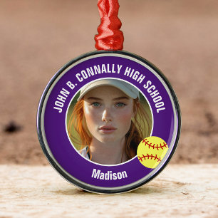Purple Softball Player Photo High School Christmas Metal Ornament