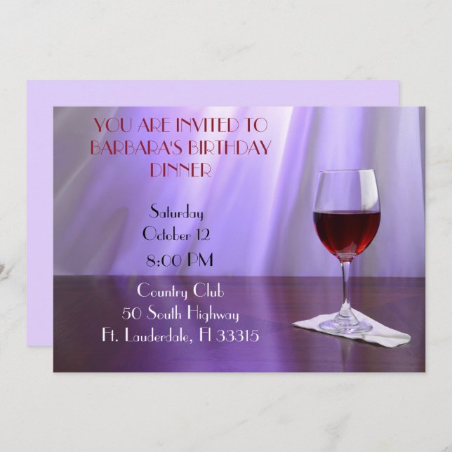 Purple Sophisticated Red wine birthday Invitation (Front/Back)