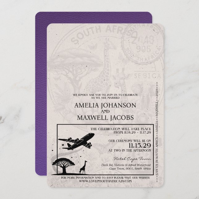 Purple South Africa Passport Wedding Invitation (Front/Back)