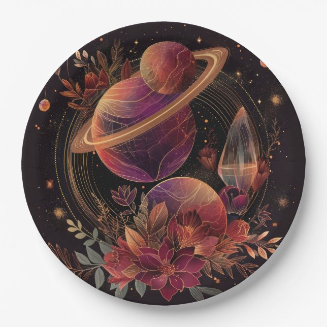 Purple Space Fantasy Crystal Ring Planet Paper Plate (Front)
