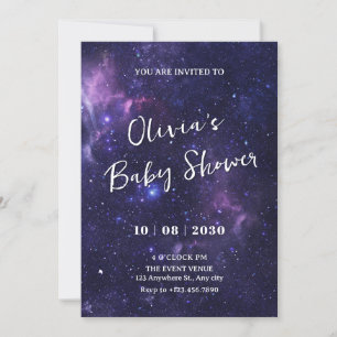 Purple space galaxy baby shower invitation