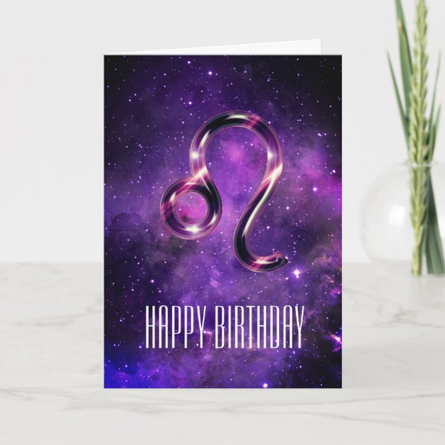 Purple Space Leo Birthday Card (Front)