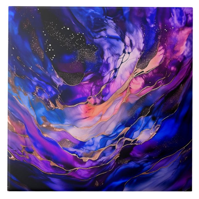 Purple Space Nebula in Alcohol Ink Ceramic Tile (Front)