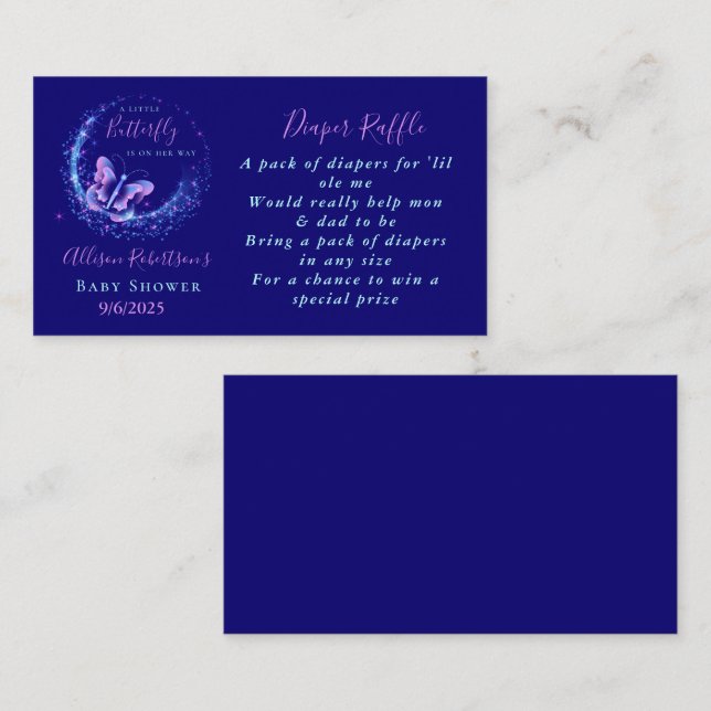 Purple Sparkle Butterfly Baby Shower Diaper Raffle Enclosure Card (Front/Back)