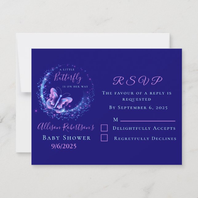 Purple Sparkle Butterfly Girl Baby Shower RSVP Card (Front)