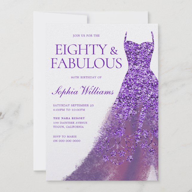 Purple Sparkle Dress Gorgeous 80th Birthday Party  Invitation (Front)