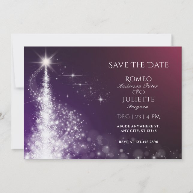 Purple sparkle elegant christmas tree wedding save the date (Front)