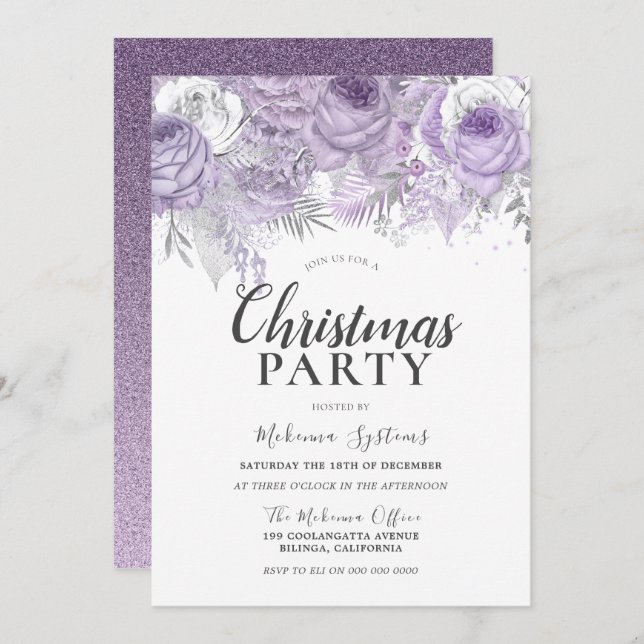 Purple Sparkle Flowers Corporate Christmas Party Invitation (Front/Back)