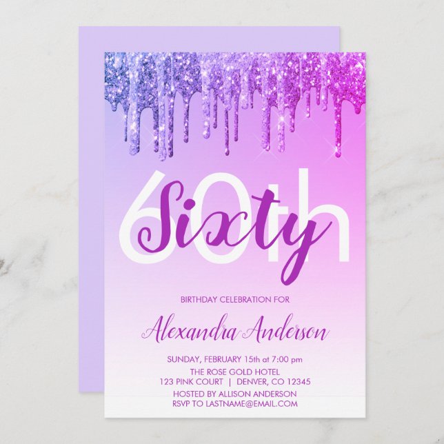 Purple Sparkle Glitter 60th Birthday Party Invitation (Front/Back)
