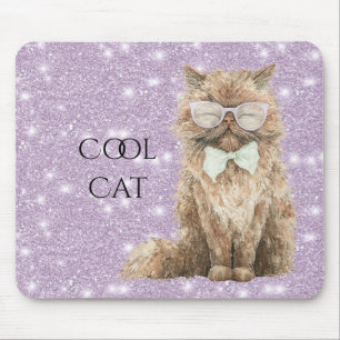 Purple Sparkle Glitter Brown Cool Cat Glasses Mouse Pad