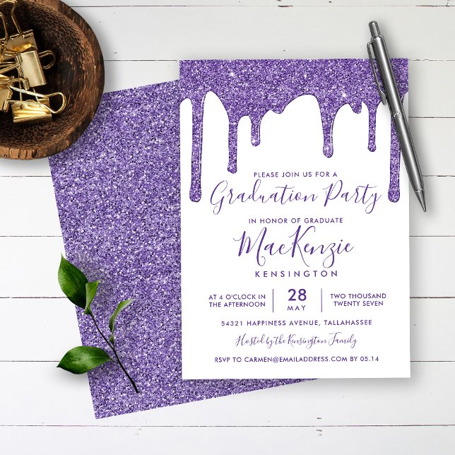 Purple Sparkle Glitter Drips Graduation Party Invi Invitation (Creator Uploaded)