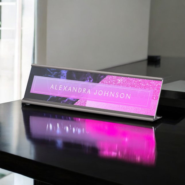 Purple Sparkle Glitter Foil and Black Marble Desk Name Plate (Creator Uploaded)