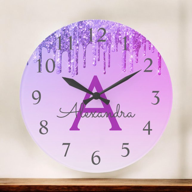 Purple Sparkle Glitter Monogram Name & Initial Large Clock (Creator Uploaded)