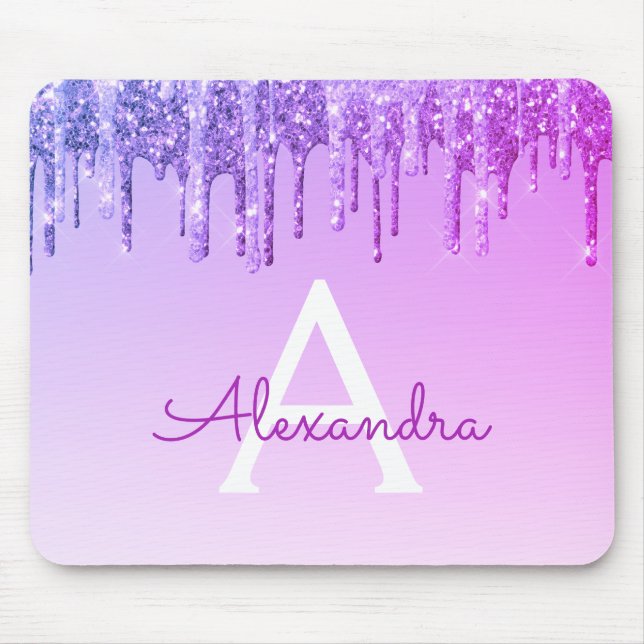 Purple Sparkle Glitter Monogram Name Mousepad (Front)