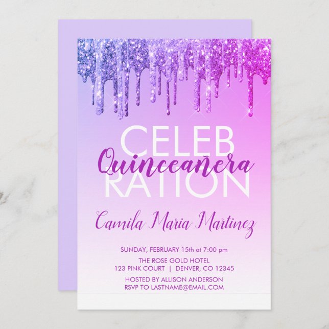 Purple Sparkle Glitter Quinceanera Celebration Invitation (Front/Back)