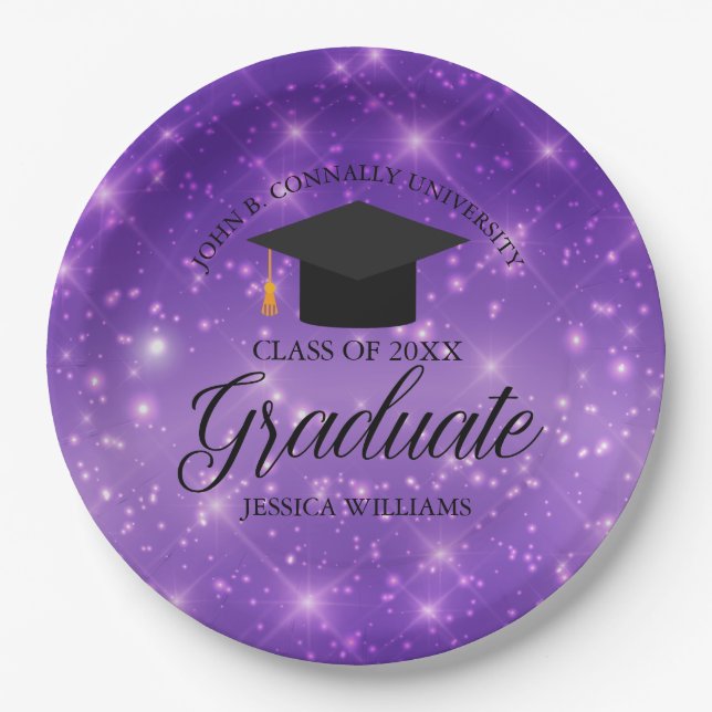 Purple Sparkle Graduate Custom Graduation Party Paper Plate (Front)