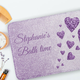 Purple sparkle hearts lavender glitter bath mat