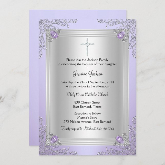 Purple Sparkle Jewel Baptism/Christening Invite (Front/Back)
