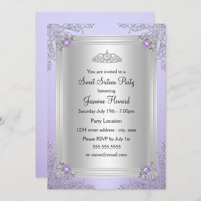 Purple Sparkle Jewel & Tiara Sweet 16 Invitation (Front/Back)