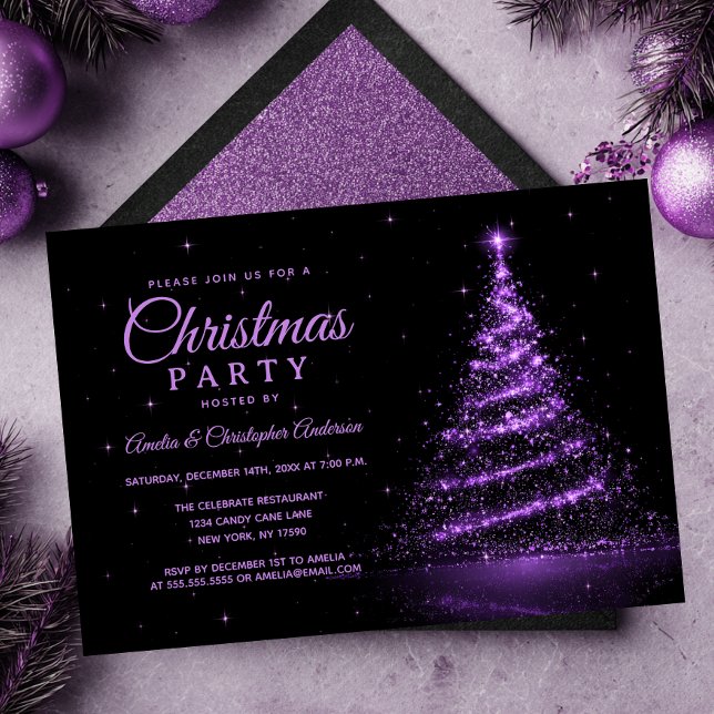 Purple Sparkle Light Tree Christmas Party Invitation (Creator Uploaded)