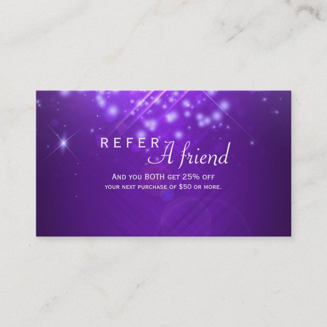 Purple Sparkle Lights Salon REFER A FRIEND Card (Front)