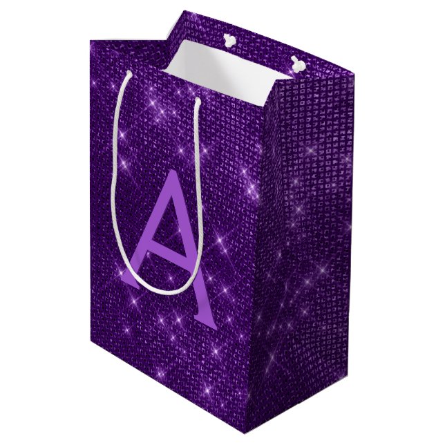 Purple Sparkle Monogram - Add Your Name Medium Gift Bag (Back Angled)