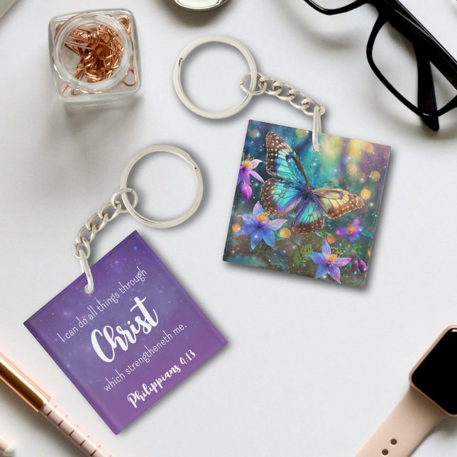 Purple Sparkle Philippians 4:13 Verse Butterfly  Key Ring (Creator Uploaded)