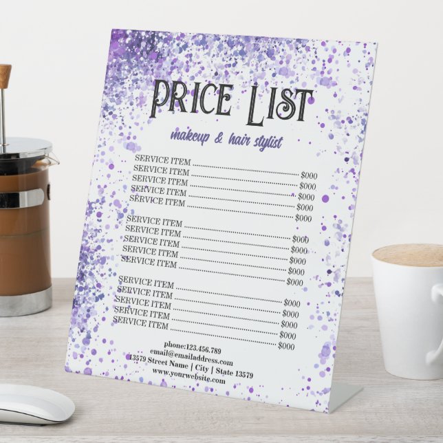 Purple Sparkle Price List for Beauty Professionals Pedestal Sign (In SItu)