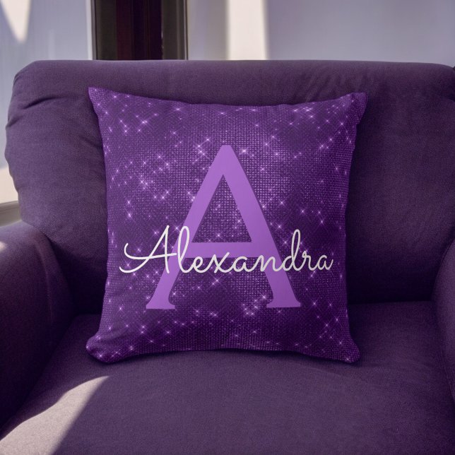 Purple Sparkle Shimmer Monogram Name & Initial Cushion (Creator Uploaded)