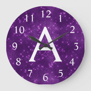 Purple Sparkle Shimmer Monogram Name & Initial Large Clock