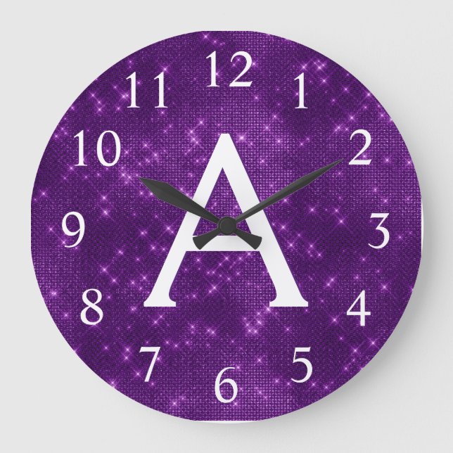 Purple Sparkle Shimmer Monogram Name & Initial Large Clock (Front)