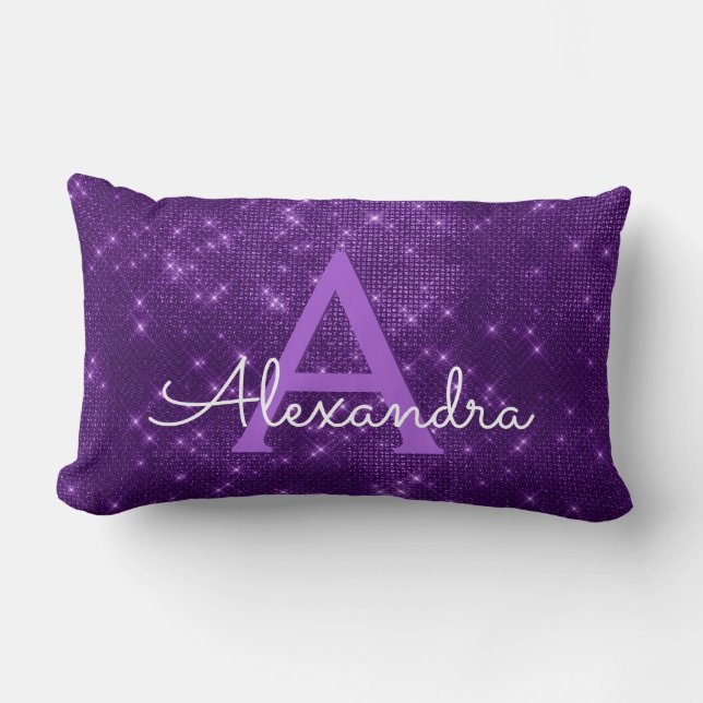 Purple Sparkle Shimmer Monogram Name & Initial Lumbar Cushion (Front)