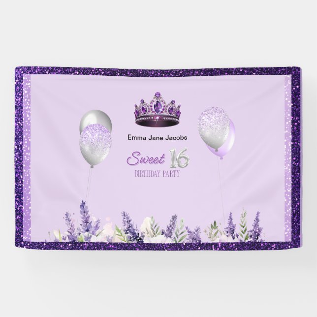 Purple Sparkle Sweet 16 Birthday Party  Banner (Horizontal)