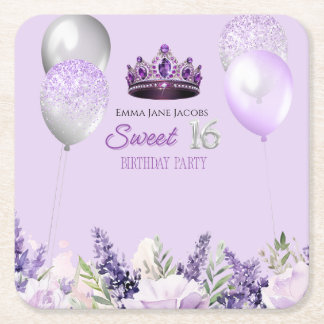 Purple Sparkle Sweet 16 Birthday Party Square Paper Coaster