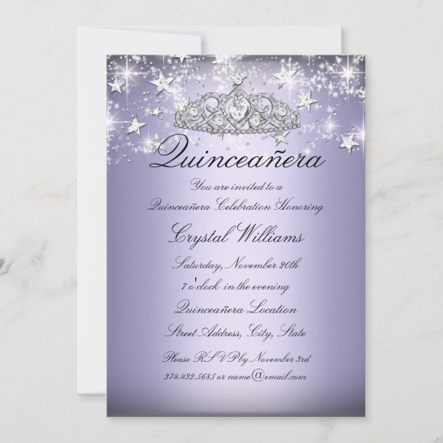 Purple Sparkle Tiara & Stars Quinceanera Invite (Front)