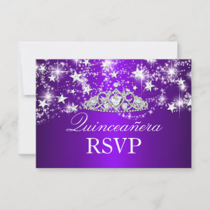 Purple Sparkle Tiara & Stars Quinceanera RSVP Card
