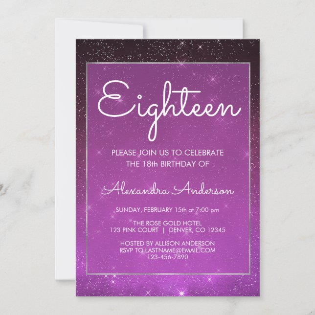 Purple Sparkle Under the Stars 18th Birthday Invitation (Front)