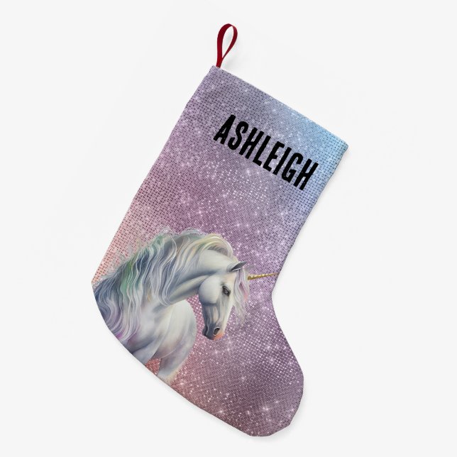 Purple Sparkle Unicorn Name Small Christmas Stocking (Front (Hanging))