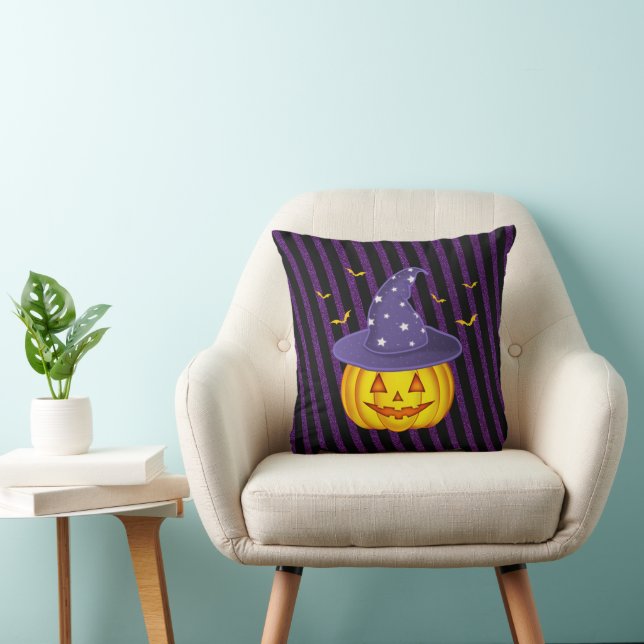 Purple Sparkles & Black Stripes Halloween Pumpkin Cushion (Chair)