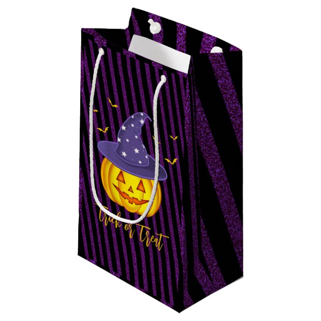 Purple Sparkles & Black Stripes Halloween Pumpkin Small Gift Bag (Front Angled)