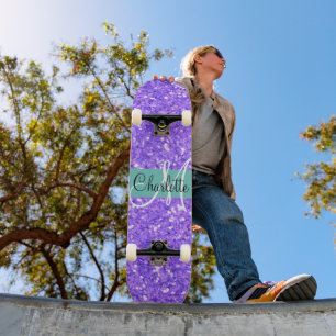 Purple sparkling glitter monogrammed skateboard