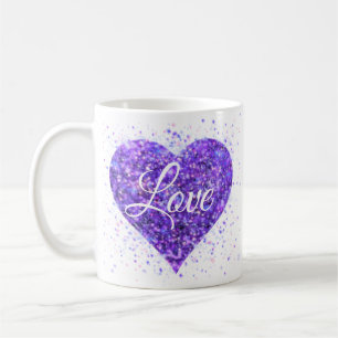 Purple sparkling heart, love glitter valentine coffee mug