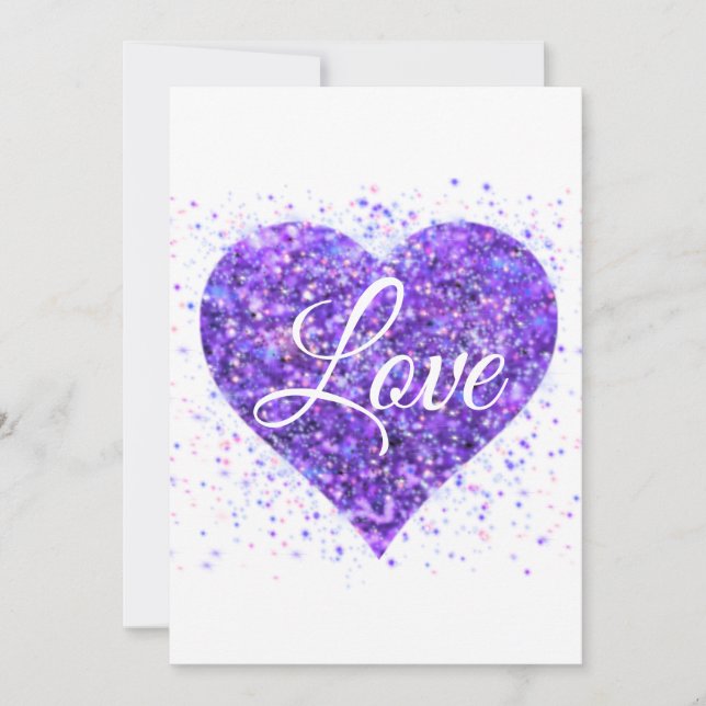 Purple sparkling heart, love glitter valentine  holiday card (Front)