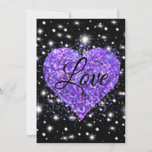 Purple sparkling heart, love glitter valentine holiday card