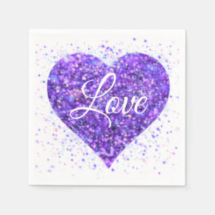 Purple sparkling heart, love glitter valentine napkin