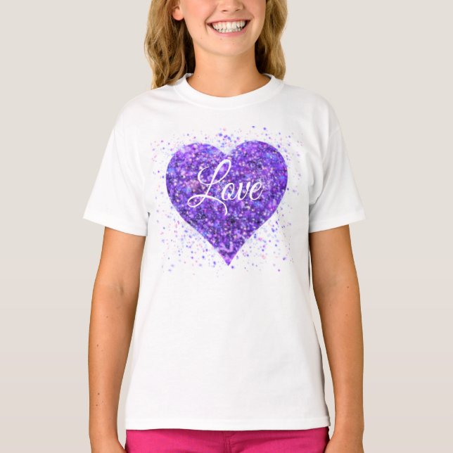 Purple sparkling heart, love glitter valentine T-Shirt (Front)