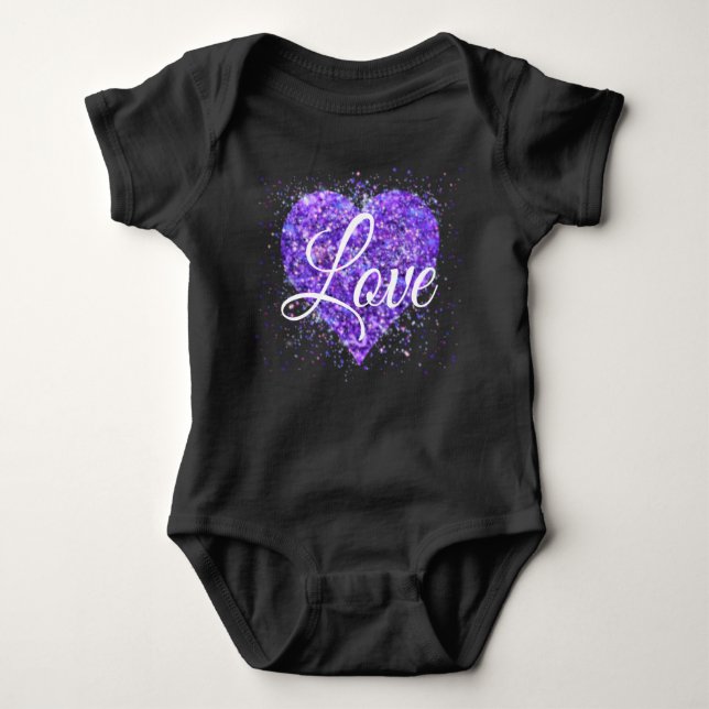 Purple sparkling sequins, love graffiti valentine baby bodysuit (Front)