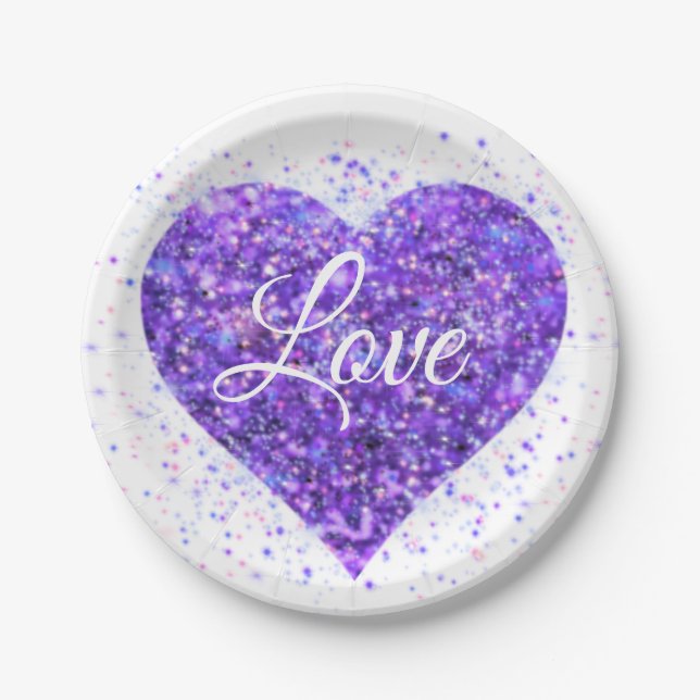 Purple sparkling sequins, love graffiti valentine paper plate (Front)