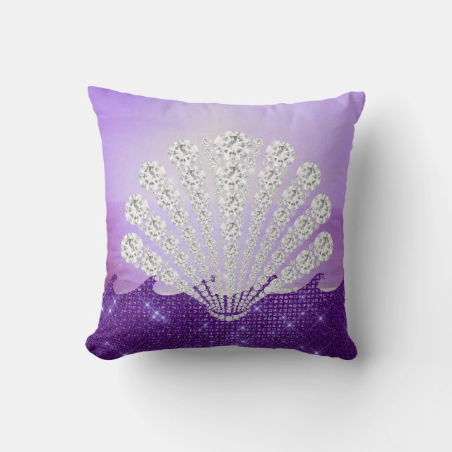 Purple Sparkling Waves Silver Diamond Seashell Cushion (Front)